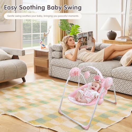 Enborbabe Baby Swings for Infants, Portable Baby Swing with Music, 5 Speed Levels, Timer, Infant Swing for Indoor Outdoor Use, 0-9 Months Up to 20 lbs