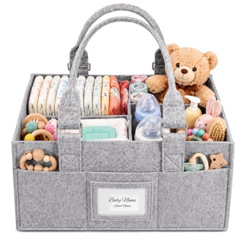 PaoveFor Diaper Caddy Organizer, Newborn Essetials Must Haves, Baby Registry Search and Other Baby Stuff, Collapsible Baby Basket with Handle and a Photo Frame, Grey, 11.8 x 6.3 x 9.0 inch