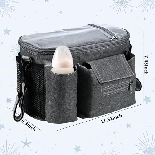 Smlper Stroller Organizer with Insulated Cup Holders - Universal Stroller Caddy Bag Fits for Uppababy, Baby Jogger, Nuna - Detachable Shoulder Strap & Large Storage for Diapers, Wipes (Grey)