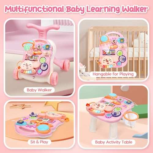 CUTE STONE 2-in-1 Baby Walker for Girls, Toddlers Learning Walker, Early Educational Push Walking Toys with Detachable Activity Center for Infants 12+ Months