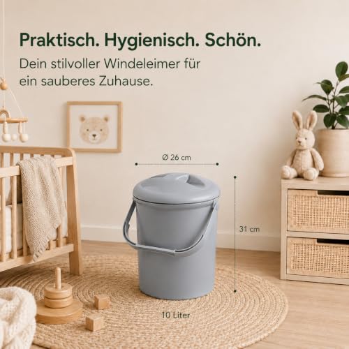 Rotho Babydesign Nappy Pail, 10l, 0+ Months, Bella Bambina, Stone-Grey, 20021 0286