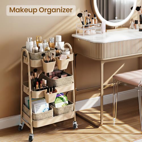 3-Tier Rolling Utility Cart with 4 Woven Baskets, Diaper Book Snack Cart, Storage Organizer for Nursery, Kitchen, Craft Room, Home SPA, Living Room, Metal Frame Trolley on Lockable Wheels, Brown