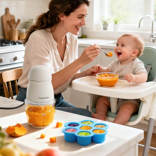 Baby Food Maker, Small Baby Food Processor Set, Fruit, Vegatable, Meat, 10oz Baby Food Maker & Puree Blender with Baby Containers, Food Freezer Tray, Silicone Spoons, Spatula