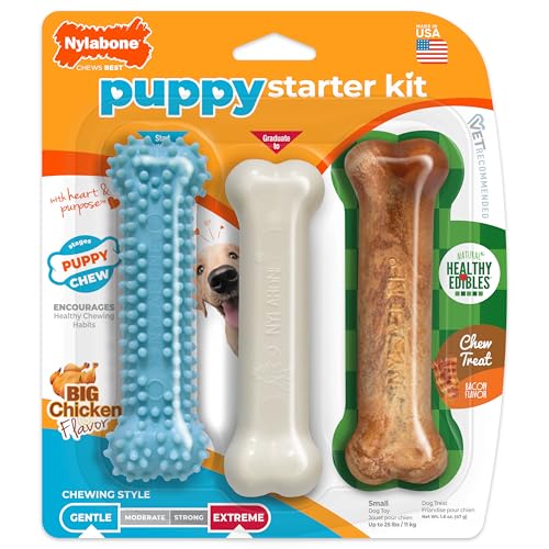Nylabone New Puppy Starter Kit, Chew Toys & Natural Chew Treat for Puppies, Puppy Enrichment Teething Toys, Blue, Long Lasting Chicken & Bacon Flavor, Small Dogs - Up to 25 Ibs, 3 Pack