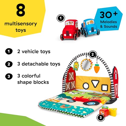 Baby Einstein Busy Barnyard Grow with Me Baby Play Gym - Extra Large Soft Play Mat with 8 Removable Toys Including 30+ Songs & Sounds to Support Motor Skills, Ages 0+ Months