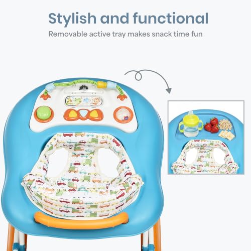 Dream On Me Go-Getter Baby Walker with Rear Push Handle, 2-in-1 Activity Walker and Walk-Behind, 3 Height Adjustments, Easy to Fold, Machine-Washable Seat Pad, Detachable Fun Tray, Orange