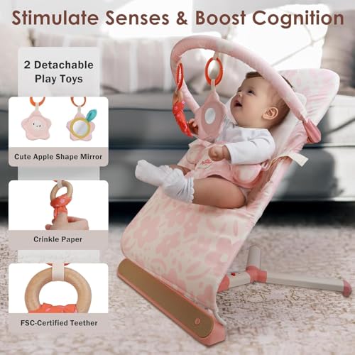 Tiny Marvels Baby Bouncer, Portable Infant Bouncer Seat with Soothing Music & 3-Point Harness, Foldable and Lightweight for Newborn to Toddler 0-12 Months, Under 20 lbs