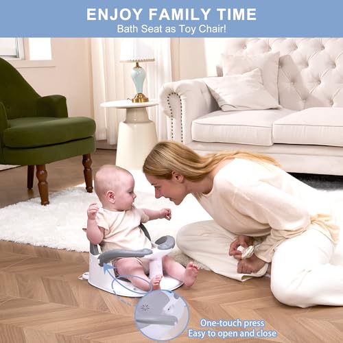 Wddbb Baby Bath seat for Babies 6 Months & up, 360° Stable Toddler Bath Chair with one-Touch Button, Back Hollow Design, Water Temperature Card & 4 Suction Cups for Safety (Dark Gray)