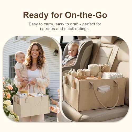 Baby Diaper Caddy Organizer Cart with Detachable Dividers, 3 Tier Metal Bedside Storage Rolling Cart with Wheels for Nursery, Postpartum Cart and Organizers for Newborn Essentials & Supplies (Oatmeal)