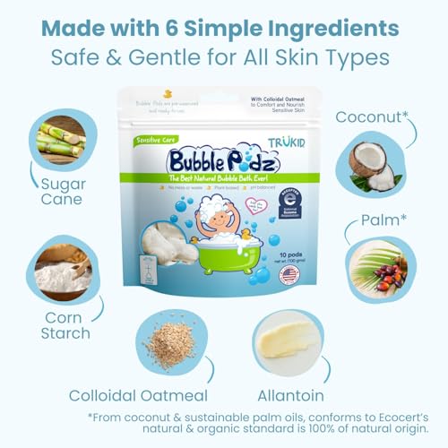 TruKid Bubble Podz Bubble Bath for Kids, Toddlers, & Babies, NEA-Accepted for Eczema, Gentle Refreshing Colloidal Oatmeal Bath Bomb for Sensitive Skin, pH Balanced, Tear Free, Unscented (24 Podz)