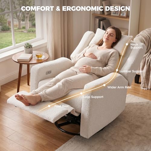 Madaha Power Recliner Chair Swivel Gilder Rocking Chairs Skin-Friendly Power Recliner Nursery Chair for Adults with Waist Pillow, USB Charging (Beige, Only Recliner Chair)