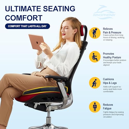 kingphenix Car Seat Cushion – Memory Foam Pad for Driving Comfort – Boosts Height and Relieves Coccyx & Lower Back Pain – Car, Truck, Office Chair (Leather & 4D Mesh Black)