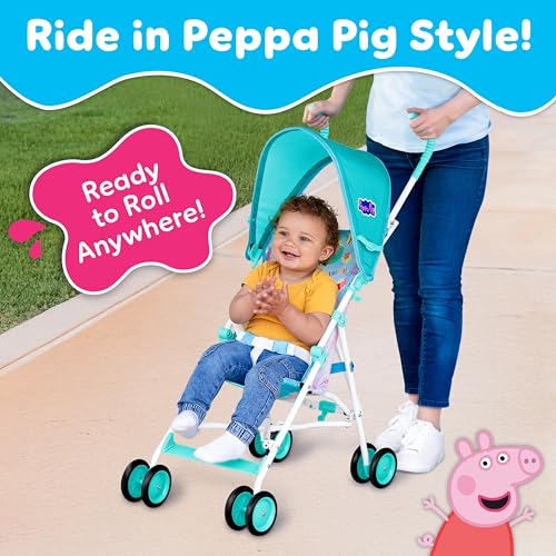 Peppa Pig Umbrella Stroller for Toddlers, Lightweight Foldable Travel Stroller with 3-Point Harness, Locking Wheels, Adjustable Canopy, Compact & Portable