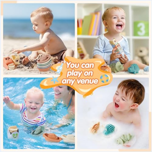Baby Bath Toys for Kids Ages 1-3, 14 Pack Mold Free Bath Toys Toddlers 2-4 Bathtub Toys with Floating Boats&Cups and No Hole Bath Toy for Babies 6-12 Months Gifts for Boys & Girls