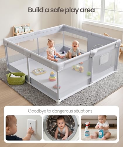 Fodoss Baby Playpen 47×47in, Small Play Pen for Babies and Toddlers, Playpen for Apartment, Play Yard, Activity Fence, Baby Playard with All-Side Mesh, Pull Rings