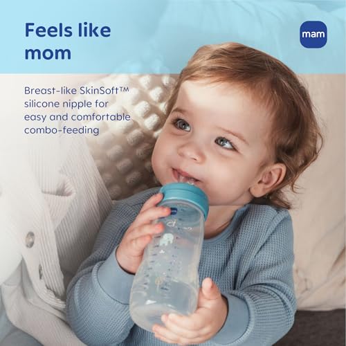 MAM Easy Active Natural Flow Anti-Colic Baby Bottle, 4+ Months, 4 Pack, 11oz, BPA Free, Fast Flow Skin Soft Silicone Anti-Colic Nipple, Anti-Slip Grip, Leak-Proof, 4+ Months, Made in Europe, Grey