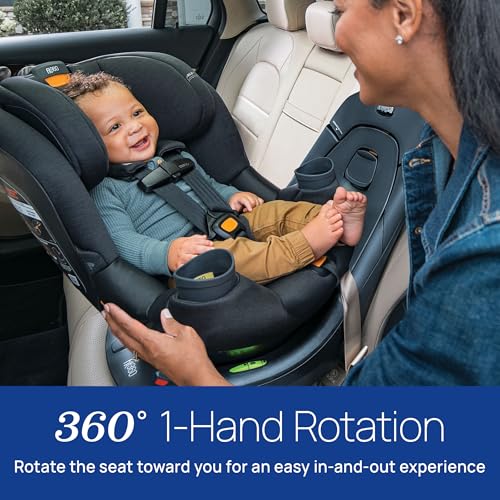 Chicco Fit360 ClearTex Rotating Convertible Car Seat with 360 Degree Rotation for Rear-Facing and Forward-Facing, LeverLock Self-Tensioning Lock System, Carbon/Grey