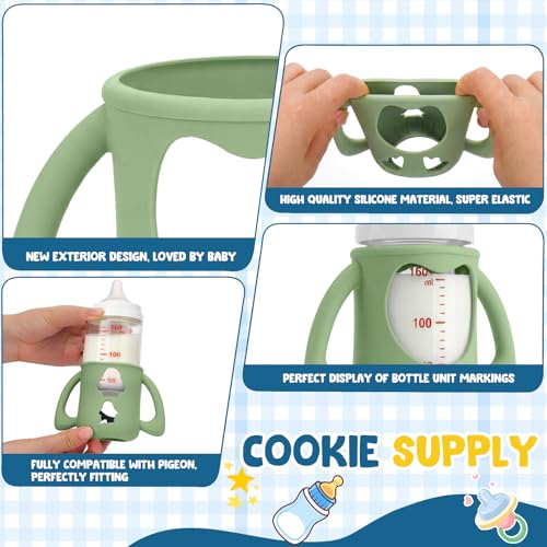 Mamalovey 3 Pack Silicone Baby Bottle Handles & Holders for Pigeon Bottles 5.4oz, Food Grade Anti-Breakage Silicone Sleeve for Glass Bottle - Great Upgrade for Your Baby Bottle Sets (White+Green+Blue)