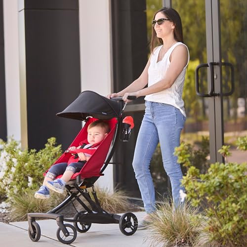 Evolur Roamer Ultra Lightweight Stroller, Compact One-Hand Self-Standing Fold Travel Stroller with 5-Point Safety Harness, Adjustable Sun Canopy, 360° Rotating Wheels with Cup Holder - Red