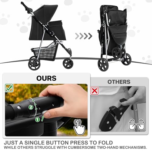 MoNiBloom Foldable Pet Stroller with Weather Cover, 3 Wheels Pet Strolling Cart for Small/Medium Dogs and Cats with Storage Basket and Cup Holder, Breathable and Visible Mesh for All-Season, Black
