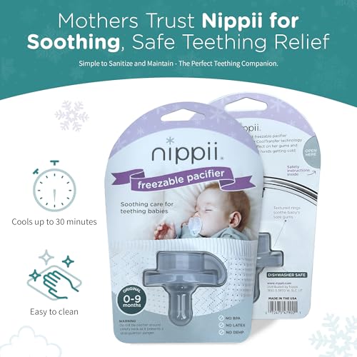 Nippii Freezable Pacifier for Baby Teething Relief - Safe Infant Teether with Cooling Effect - Easy to Clean, Medical Grade Soft Silicone - BPA Free - for Babies 0-9 Months - Made in USA