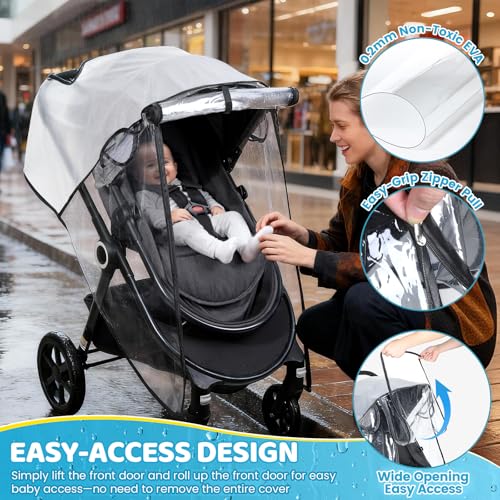 Clear Stroller Rain Cover for Travel Strollers, Waterproof Recessed Zipper Design, Breathable Mesh Vents, Easy Access, Protects from Rain Wind Dust Snow
