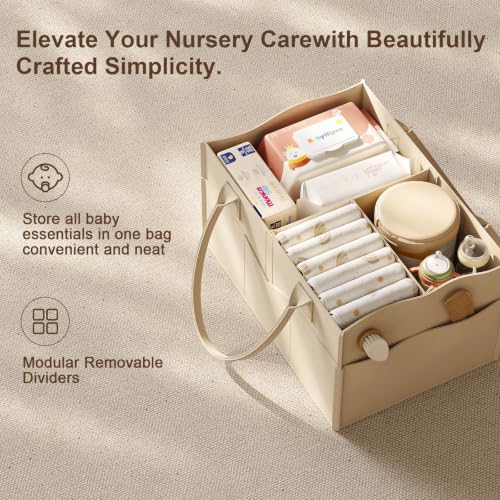Baby Diaper Caddy Organizer Cart with Detachable Dividers, 3 Tier Metal Bedside Storage Rolling Cart with Wheels for Nursery, Postpartum Cart and Organizers for Newborn Essentials & Supplies (Oatmeal)