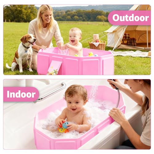 Collapsible Baby Bathtub, Toddler Bathtub with a Drain Plug, Folded for Storage Without Assembly, Suitable for Newborns to Toddlers, Portable Bathtub for Outdoor Travel, Pink