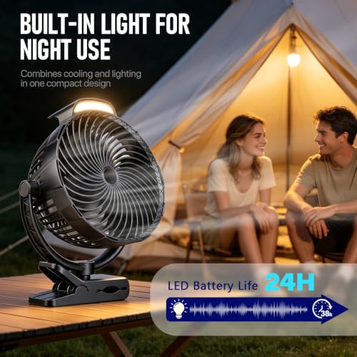 Gentsvip 8-Inch Rechargeable Clip on Fan, 10000mAh Portable Camping Fan with LED Light, 9-Speed Ultra Quiet Airflow, 30H Runtime, 360° Rotating Desk Fan for Golf Cart, Bedroom, Office, Dorm, Black