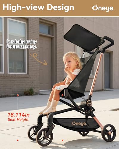 Oneye Travel Stroller for Airplane, Ultra Lightweight Baby Stroller for Toddlers with Canopy, Foldable & Compact Strollers with Jumbo Seat & Large Storage Basket,10.19lb,Stable & One-Hand Fold, Black