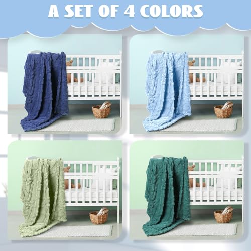 VitalCozy 4 Pcs Fleece Baby Blankets for Boys Girls 3D Soft Plush Warm Baby Receiving Blankets 30" x 40" Cozy Fluffy Infant Toddler Newborn Swaddling Blanket for Crib Nursery Bed(Blue,Green)