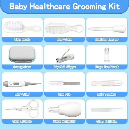 Baby Healthcare and Grooming Kit, Baby Safety Care Set, Baby Electric Nail Trimmer Set Newborn Nursery Health Care Set for Newborn Infant Toddlers Baby Boys Girls Kids (Grey White-18 Kits)