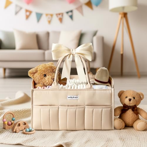 POIKSHARK Baby Diaper Caddy - Stylish Basket for Newborn Essentials, Nursery Storage Bin and Car Organizers for Diapers and Wipes, Gift for Baby Shower, Cream