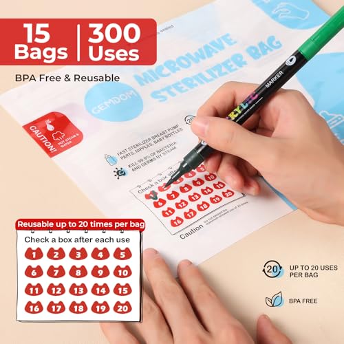 Gemdom 15 Pack Microwave Steam Sterilizer Bags Plus, Large Size for Baby Bottles Soothers, Teethers, Breast Pump Parts, Training Cups and Accessories, 20 Uses Per Bag, Baby Travel Essential