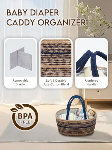 ZOES HOMEWARE Sapphire Blue Diaper Caddy Organizer, Jute Woven Baby Basket, Baby Caddy Nursery Storage Organizer, Shower Gifts for Newborn, Hand Woven Crafted (Brown&Blue),14.2"x 8.7"x7.1”