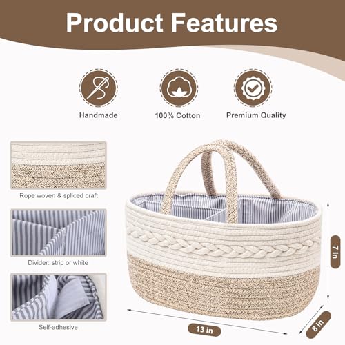 YeaYee Baby Diaper Caddy Organizer, Portable Nursery Storage Basket with Changeable Compartments, 100% Cotton Woven Rope Baskets, Car & Changing Table Tote, Newborn Gift