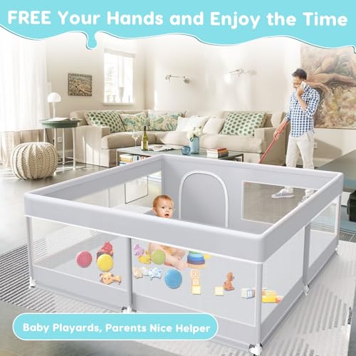 Fshibila Baby Playpen, 50x50 Inch Baby Playard for Babies and Toddlers, Play Pens for Indoor & Outdoor, Sturdy Safety Play Yard with Soft Breathable Mesh, Anti-Fall, Grey