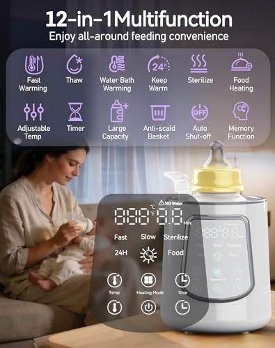 12 in 1 Fast Baby Bottle Warmer with Even Heating No Hot Spots, Night Mode, Sterili-zing, Constant Temp Milk Warmer for Breastmilk & Formula, Fits All Bottles Grey
