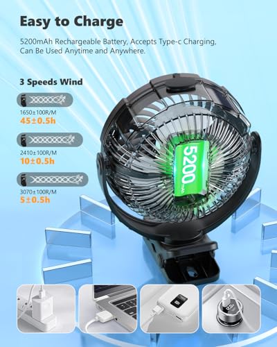 Ausic Portable Clip on Misting Fan, [5-45Hrs] Golf Cart Spray Fan, 720° Rotate Baby Stroller Fan, Outdoor Camping Fan with LED, Rechargeable Battery Operated RV Travel Cruise Fan, Golf Accessories
