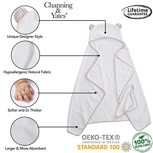 Channing & Yates Premium Organic Baby Towel Set - Soft Viscose Bamboo Hooded Towel & Washcloth - Girl & Boy Bath Essentials (Beige/White)