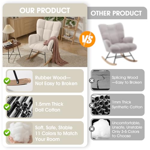 Wryxplor Nursery Rocking Chair, Teddy Upholstered Glider Chair with Thick Cushion, Tufted Gliding Rocker Chair with Wood Leg, Cozy Rocking Armchair, Accent Rocking Chair for Living Room (Ivory)