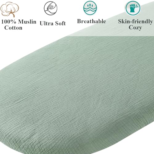 Muslin Bassinet Sheet Compatible with Graco Travel Lite, Fodoss, Cloud Baby, Yacul, Simmons Kids Bassinet(not for Twins), 2 Pack Cotton Fitted Bassinet Sheets for Baby Roman Green & Botanical Leaf