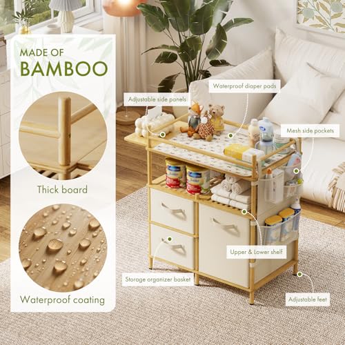 Amazer Baby Changing Table, Bamboo Baby Dresser Table with Flat Top, Diaper Changing Station with 3 Removable Storage Drawers, Large Storage Nursery Organizer Shelves with Pad, Mesh Pocket
