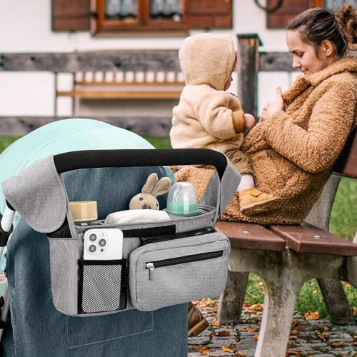 HFLYJPYW Universal Stroller Organizer with Insulated Cup Holder Detachable Phone Bag and Carry Strap Fits Uppababy, Baby Jogger, Britax, BOB, Umbrella and Pet Stroller and more (Light gray)
