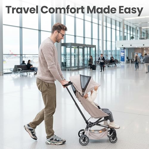 QPlay Travel Stroller for Baby & Toddlers Ages 6 Months to 4 Year Old – 9.48lbs Lightweight & Ultra-Compact Umbrella Stroller with One-Hand Fold, Airplane Carry-on Size, Reclining Seat (Beige)