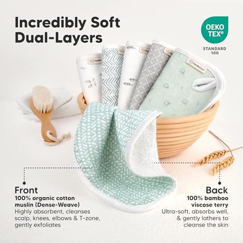 6-Pack Cotton Baby Washcloths for Newborn - Organic Cotton Muslin Soft Wash Cloths for Babies, Infant, Kids, Toddler Towels for Boy, Girl, Super Absorbent Face Cloths, Scratch-Free Baby Rags (Nordic)