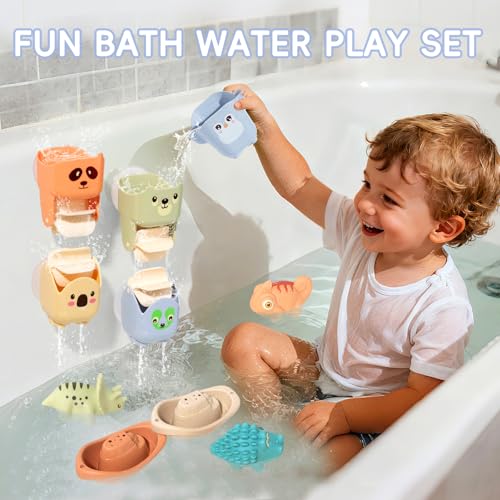 Baby Bath Toys for Kids Ages 1-3, 14 Pack Mold Free Bath Toys Toddlers 2-4 Bathtub Toys with Floating Boats&Cups and No Hole Bath Toy for Babies 6-12 Months Gifts for Boys & Girls
