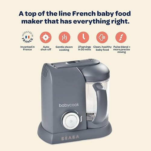 BEABA Babycook Solo 4 in 1 Baby Food Maker, Puree Steamer and Blender for Purees, Grinder with Auto Steam Cooking, Lrg Capacity 1,100 mL/ 37 oz, 27 Servings in 20 Mins, (Charcoal)