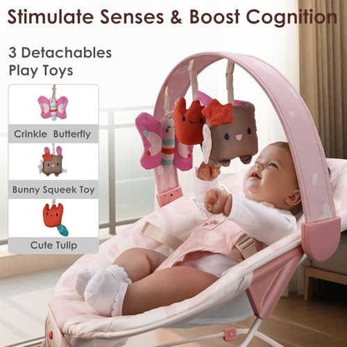 Baby Bouncer – Baby Bouncer seat, Infants Bouncy Seat with Music & Sensory Toys, Machine Washable Seat Pad Indoor Infant Seat, Ideal for Newborns 0-6 Months, 20lbs (Pink Floral)