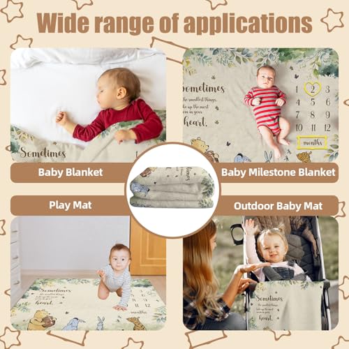 Guawubiang Winnie Milestone Blanket for Baby, Pooh Babies Monthly Blanket, Winnie Quotes Baby Milestone Blankets, Newborn Photography Background Decor, with 8 Holiday Cardstocks